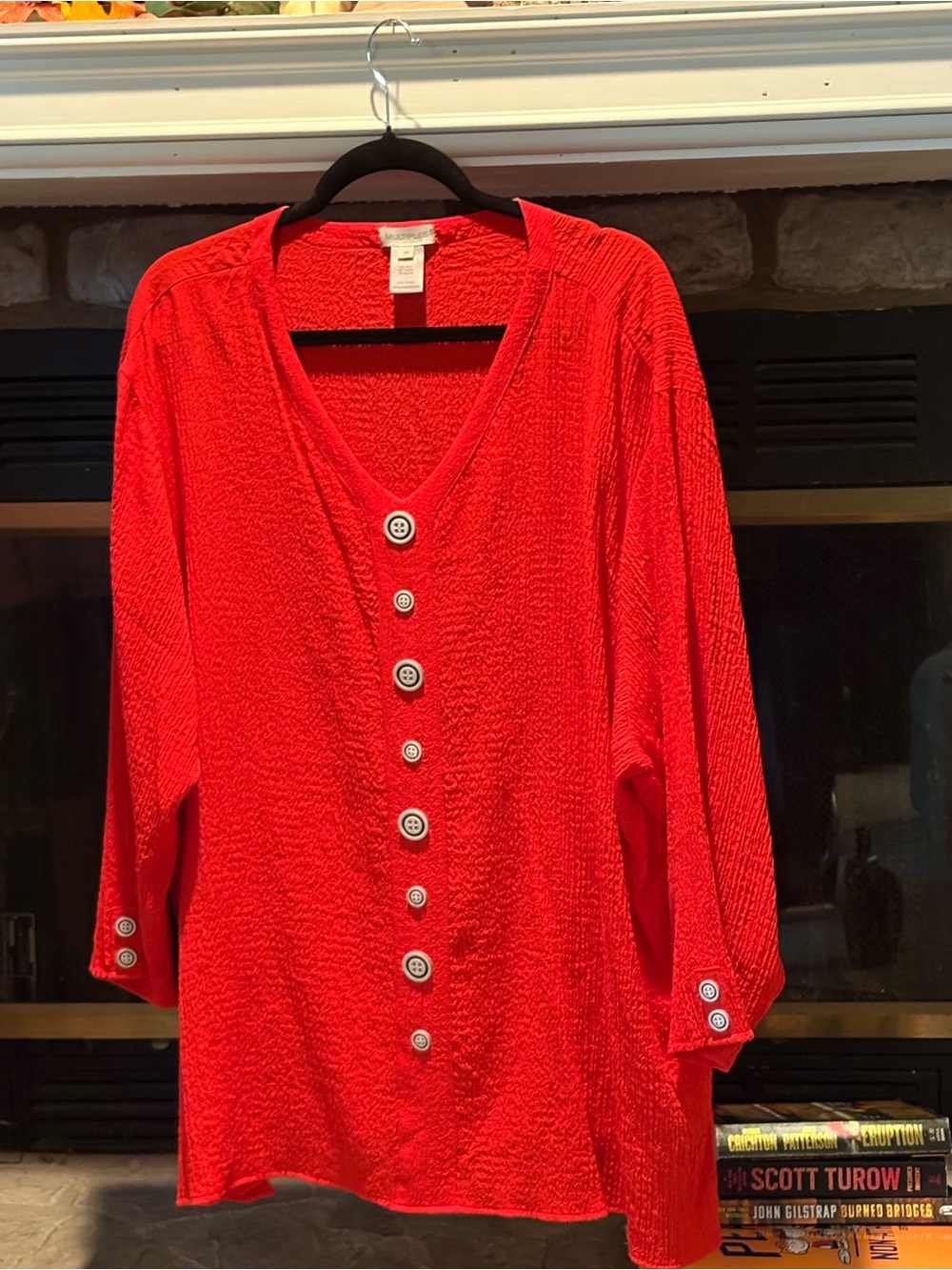 Multiples Bright Red  Textured V-Neck Top with Decorative Buttons